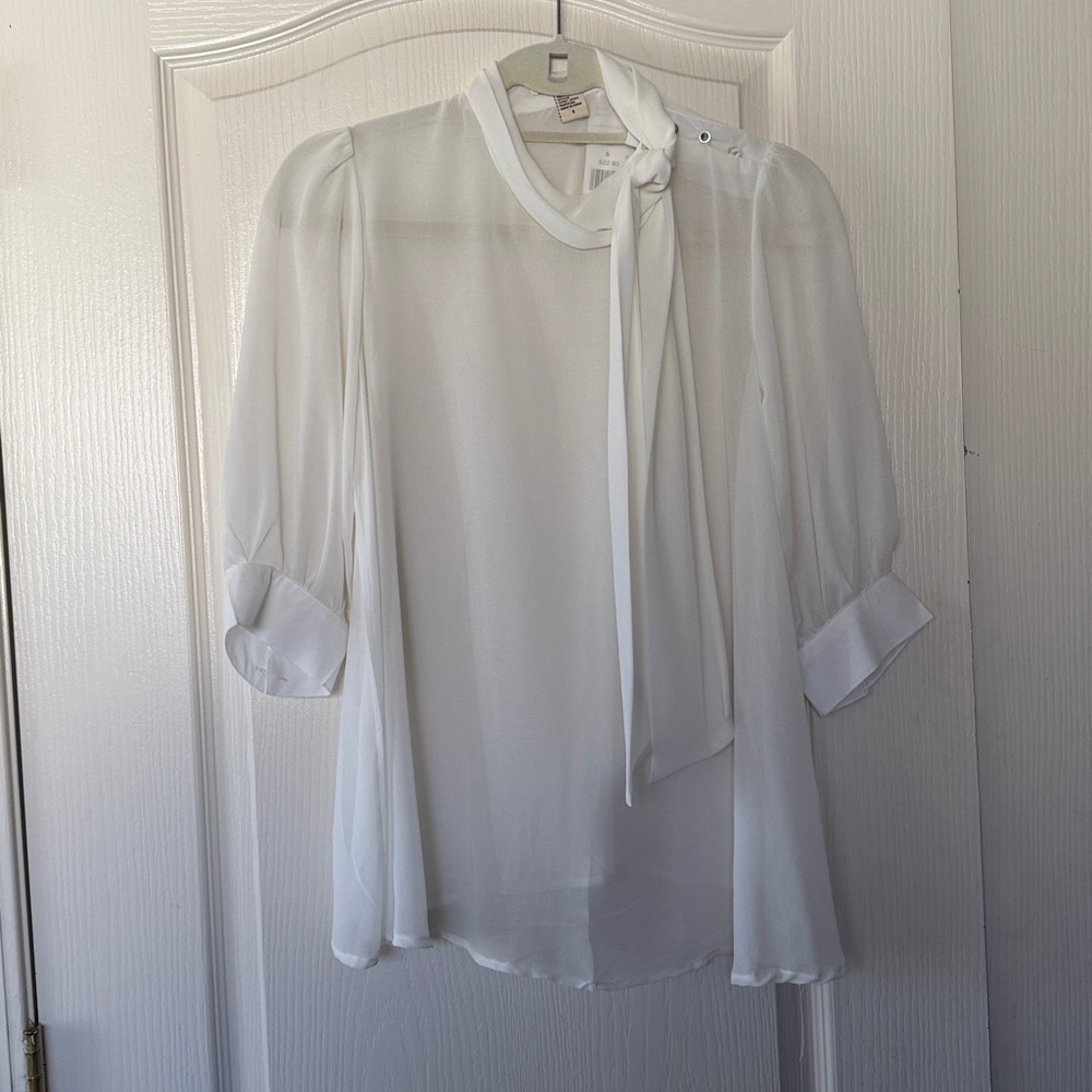 Elegant White Sheer Blouse with Bow Tie